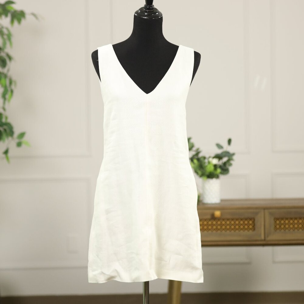 Theory White Linen Blend V Neck Shift Dress Minimalist Quiet Luxury Coastal - Picture 4 of 9